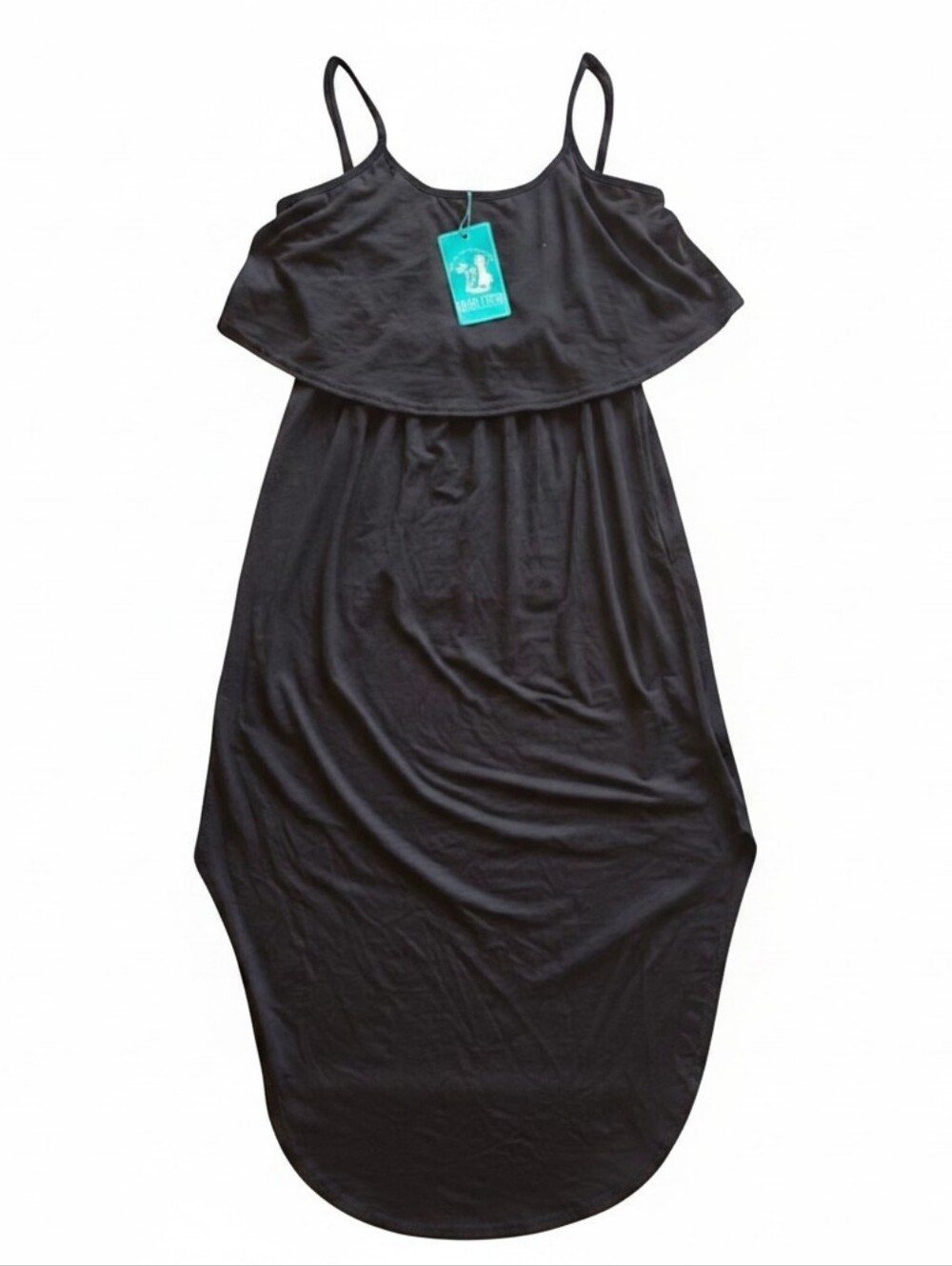 LILBETTER Women's Ruffle Spaghetti Strap Scoop Neck Shift Midi Dress Black S